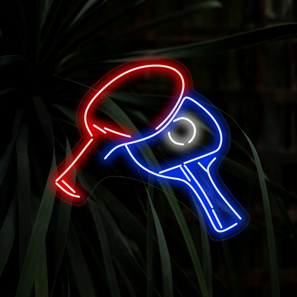 "Två Ping Pong Rackets And Ball Neon Sign", som fångar spänningen och energin i bordtennis.