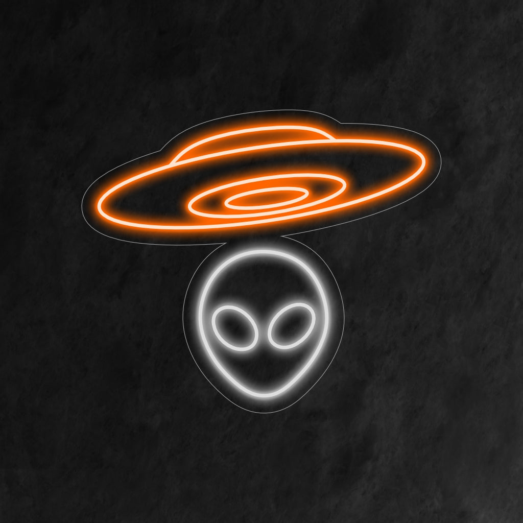 "UFO and Alien Neon Sign" är ett rymdtema och nyckfullt tillägg till din interiör. Ett neonljus som ger en utomjordisk touch med en UFO och utomjordisk design.