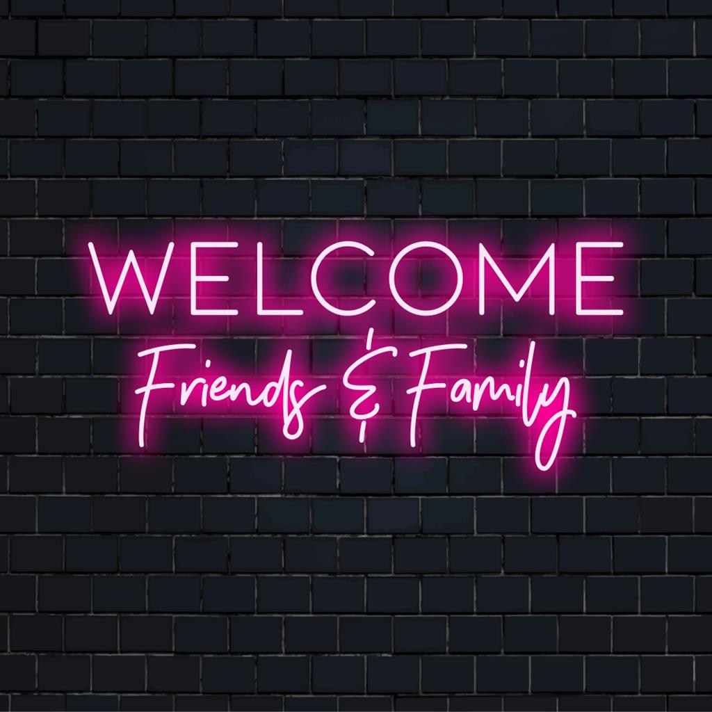 Anpassad LED neonskylt läsning Welcome Friends Family; perfekt för att sätta en personlig touch till alla utrymmen. Neonljus dekor.