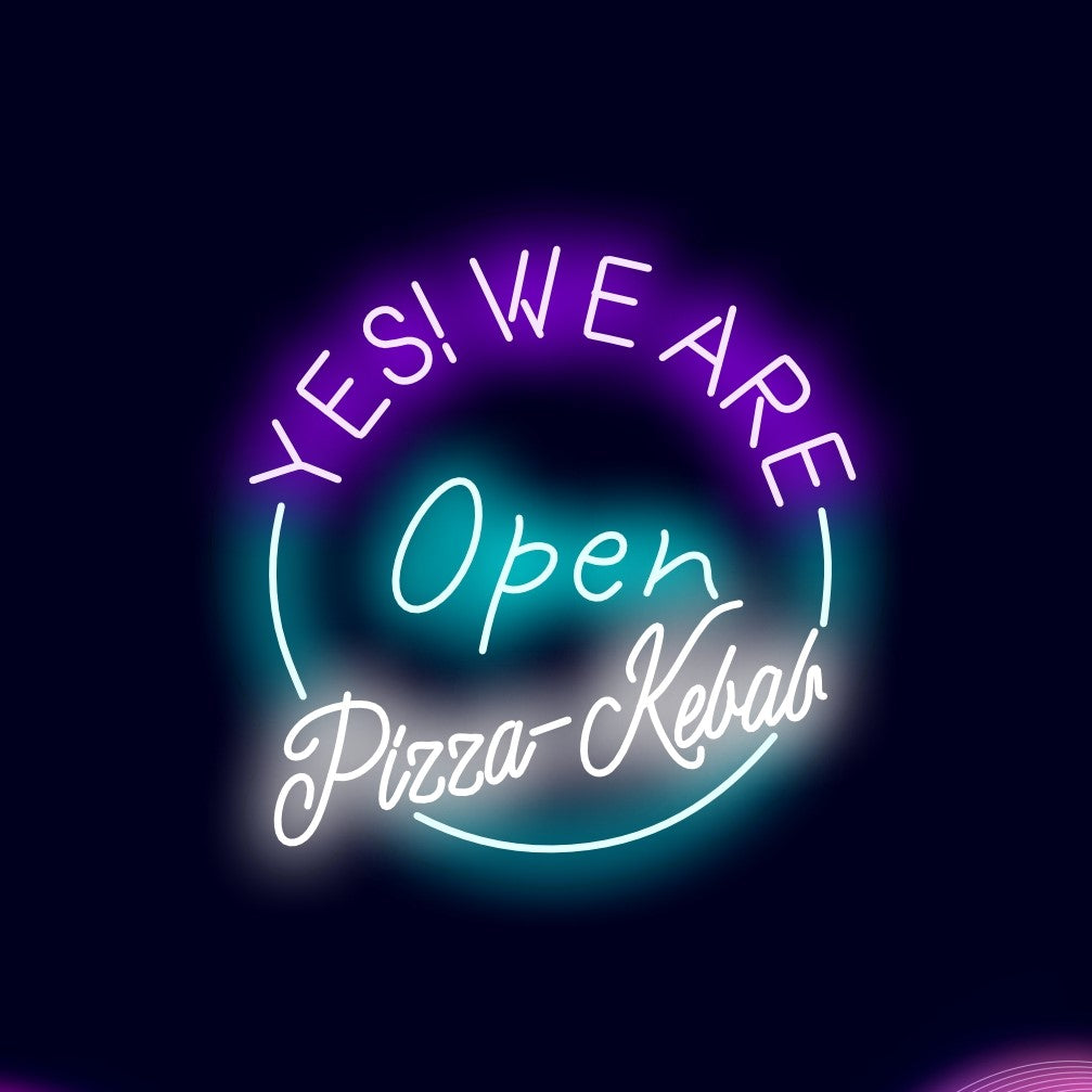 "Yes! We Are Open Pizza Kebab Neon Sign" - En livlig neonskylt som välkomnar gäster att njuta av läcker pizza och kebab.