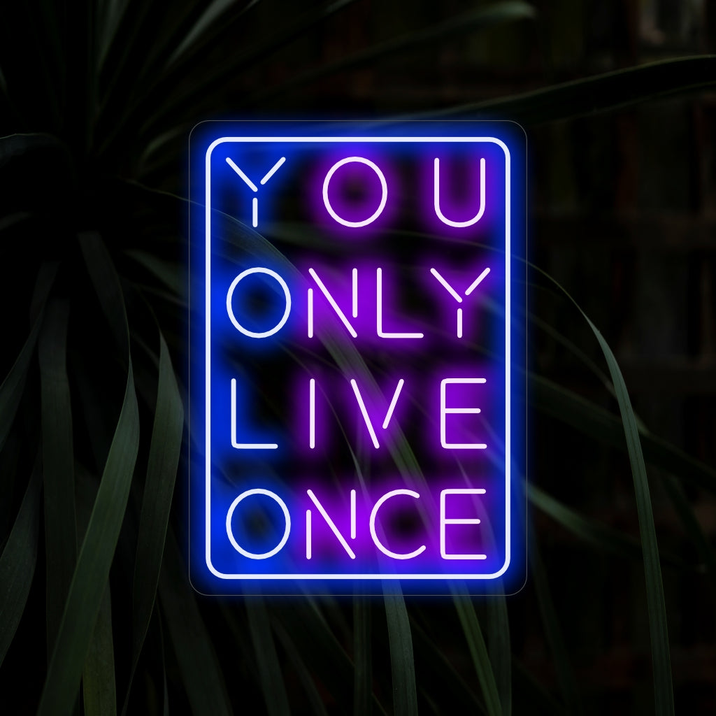 "You Only Live Once Neon Sign" utstrålar ett levande och sorglöst sken, vilket skapar en atmosfär som hyllar glädjen att leva livet fullt ut i ditt utrymme.