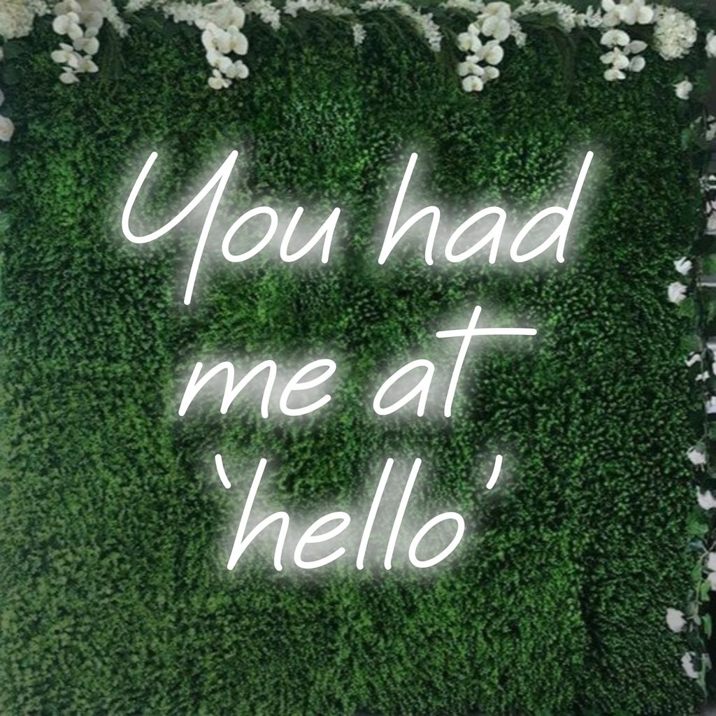 Skräddarsydd LED-neonskylt med You Had Me At 'Hello', perfekt för personlig och elegant väggkonstdekor.