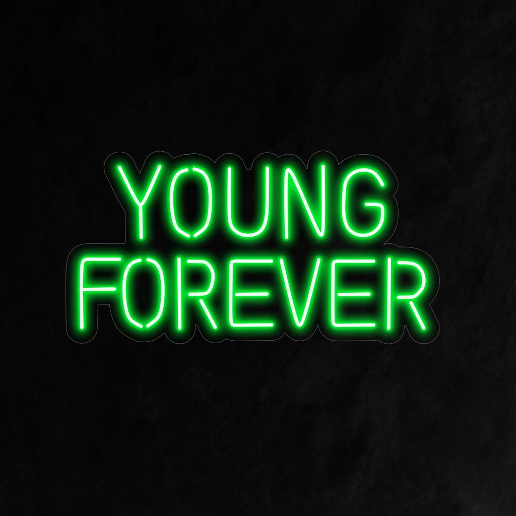 "Young Forever Neon Sign" utstrålar ett levande och bekymmerslöst sken och skapar en atmosfär som hyllar glädjen och andan av att förbli evigt ung i ditt utrymme.