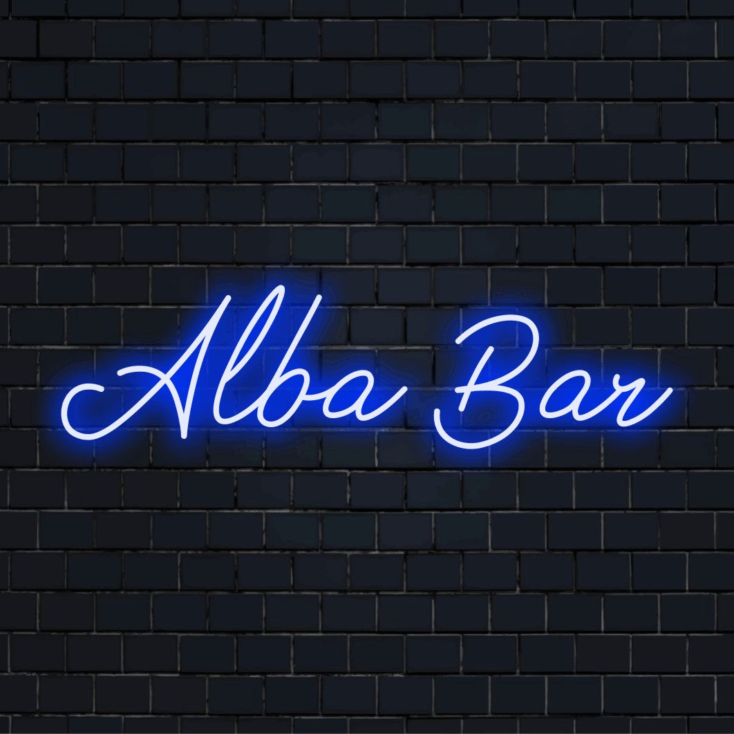Alba Bar Custom Name Neon Sign, bright neon glow on dark brick background