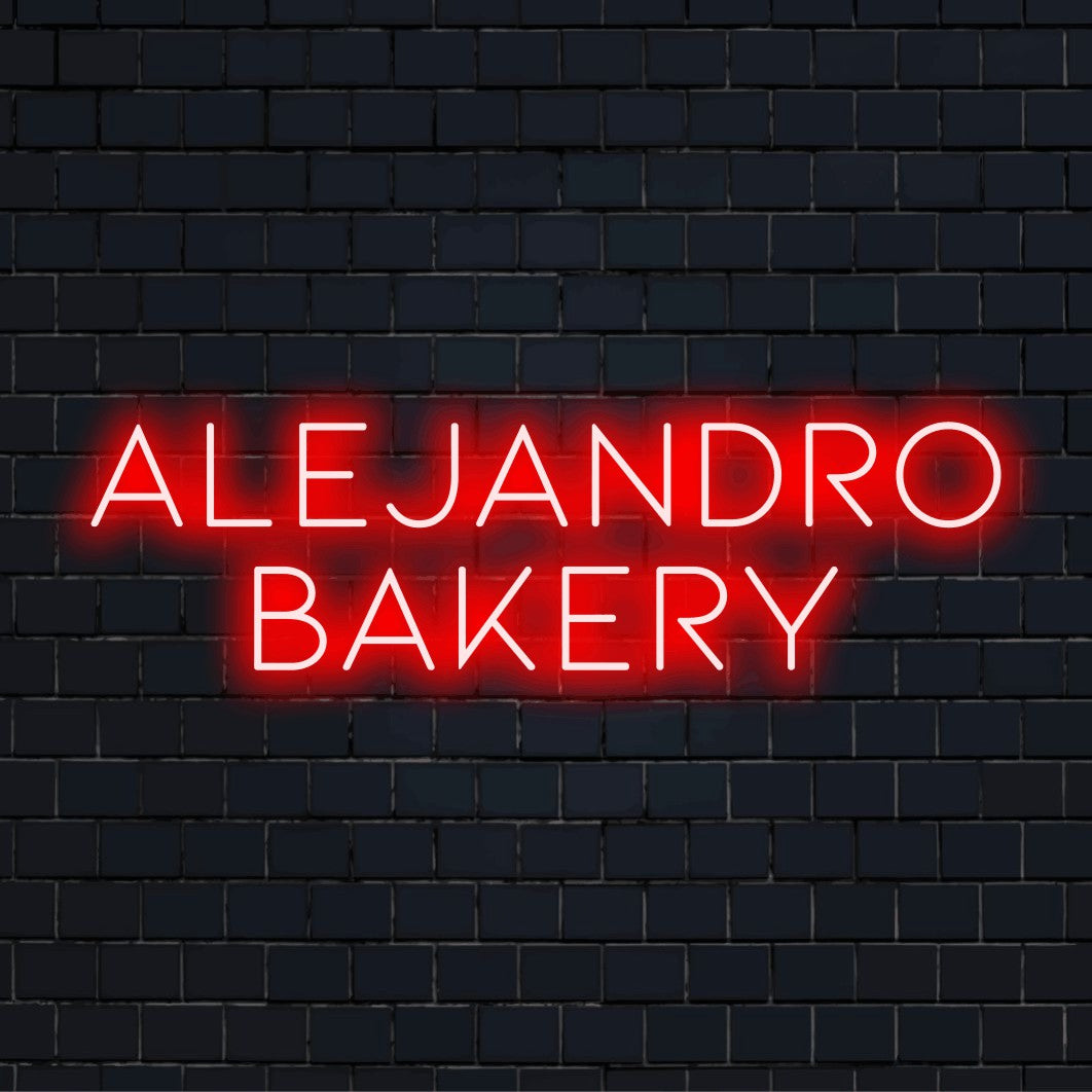 Alejandro Bakery Personalized LED Neon Sign, bright LED glow on black brick background