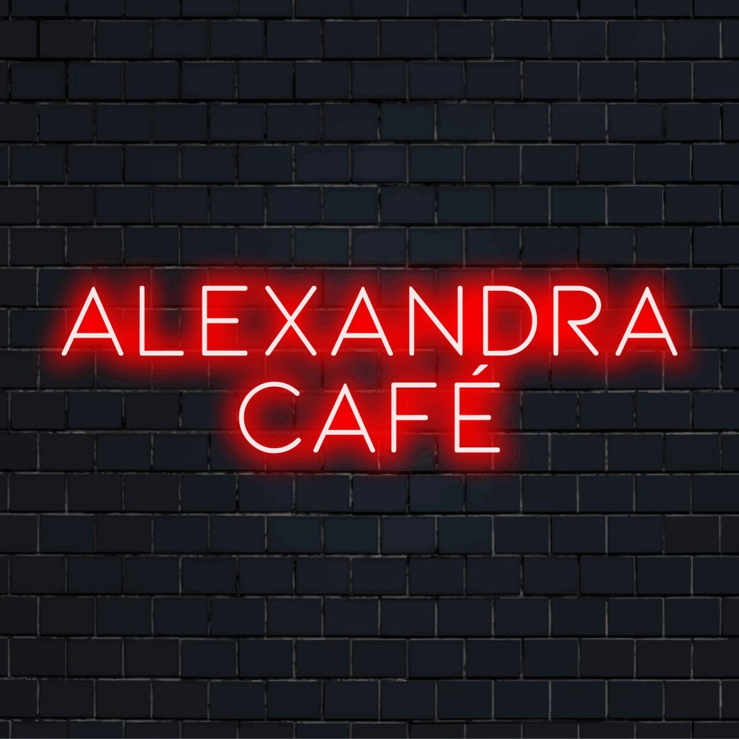 Alexandra Cafe Custom Name Neon Sign, neon text light on dark brick background