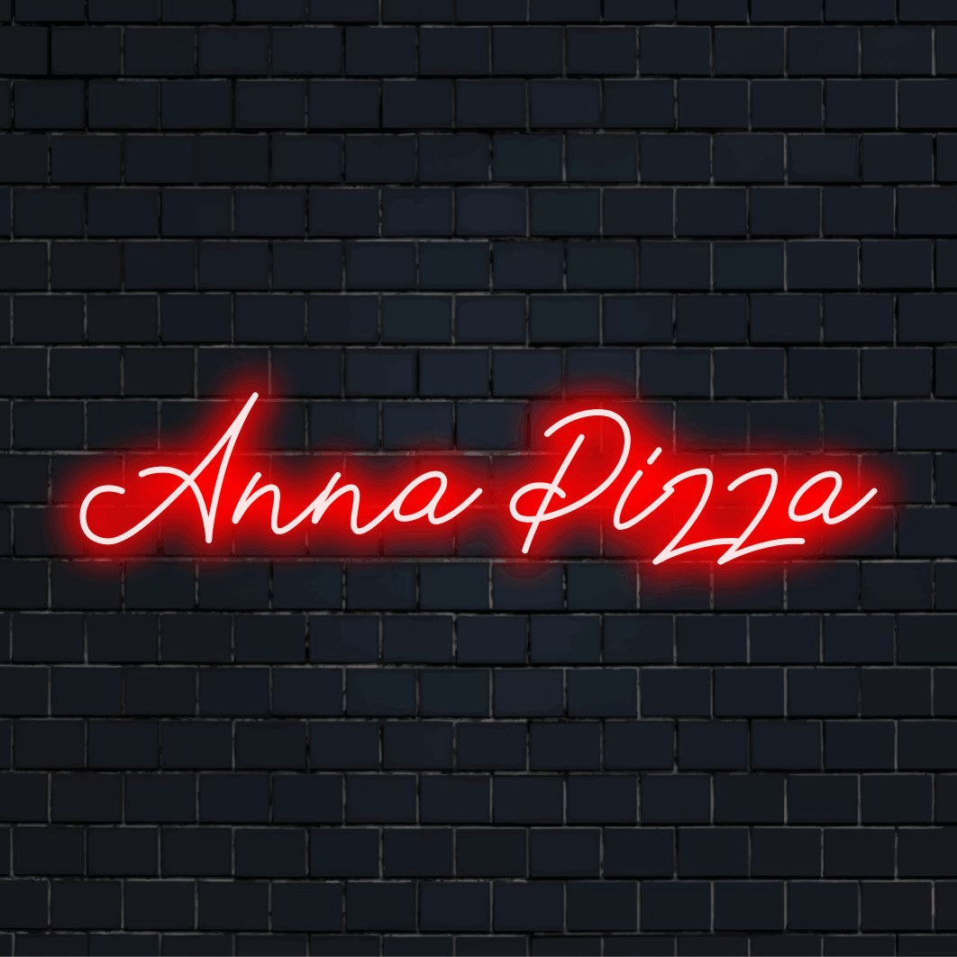 Anna Pizza Personalized LED Neon Sign, bright neon lettering against black brick wall