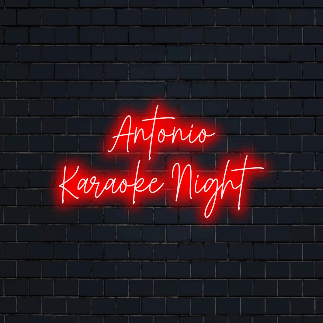 Antonio Karaoke Night Custom Name Neon Sign, glowing lettering on dark brick background