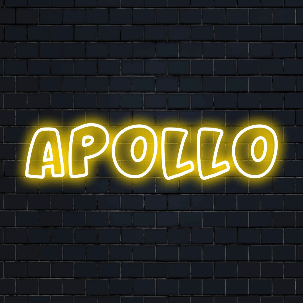 Apollo Neon Sign, glowing wall decor against black brick wall