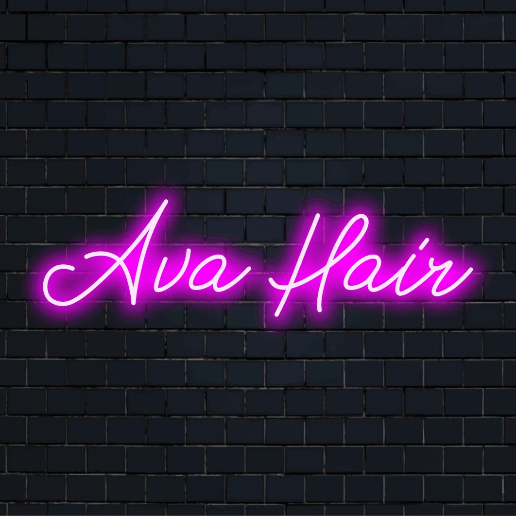 Ava Hair Personalized LED Neon Sign, glowing wall decor on black brick background