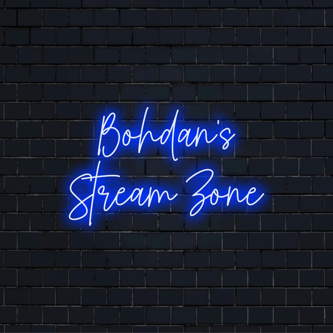 Bohdan_s Stream Zone Personalized Neon Light with neon text light on dark brick wall