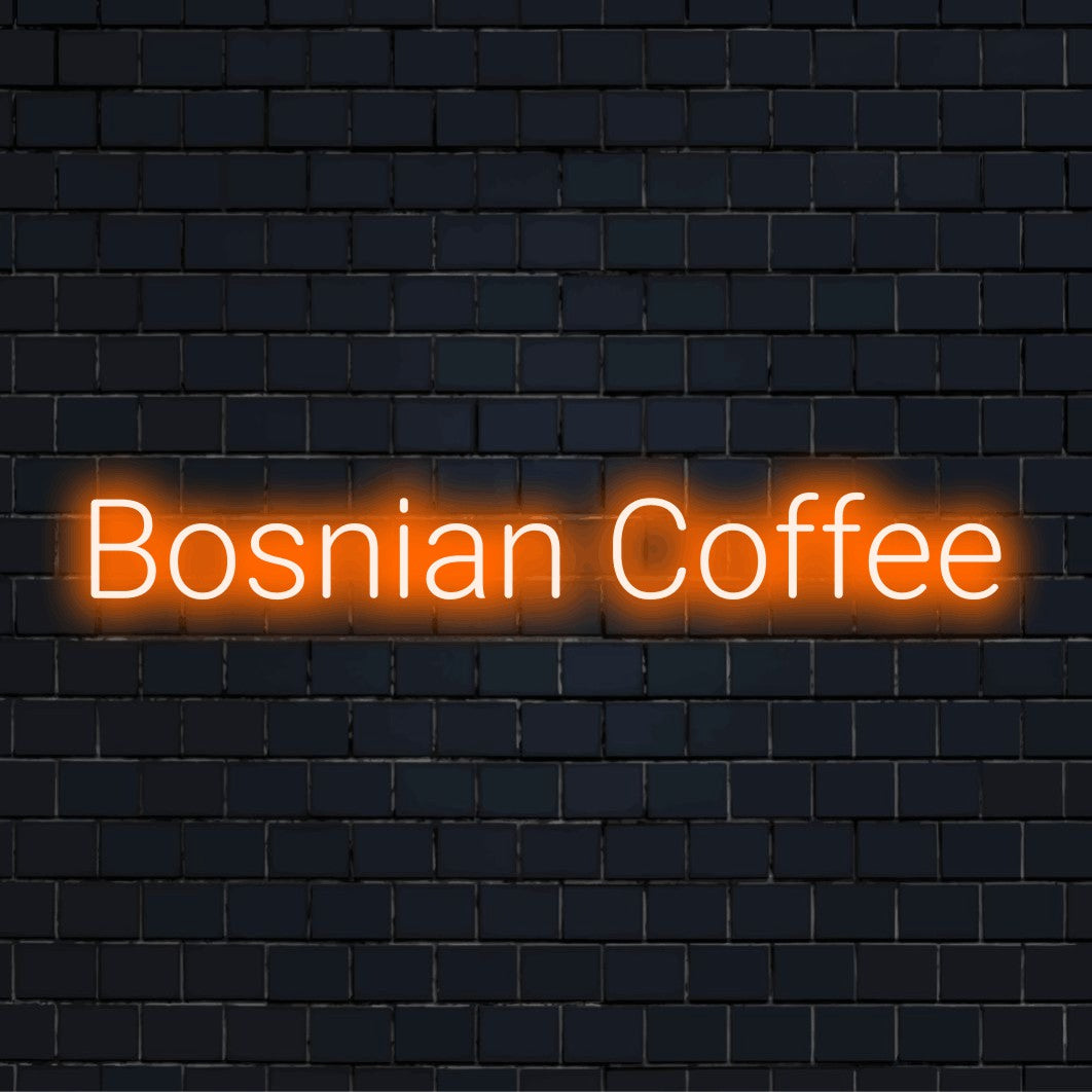 Bosnian Coffee Neon Light with soft neon glow on dark brick wall