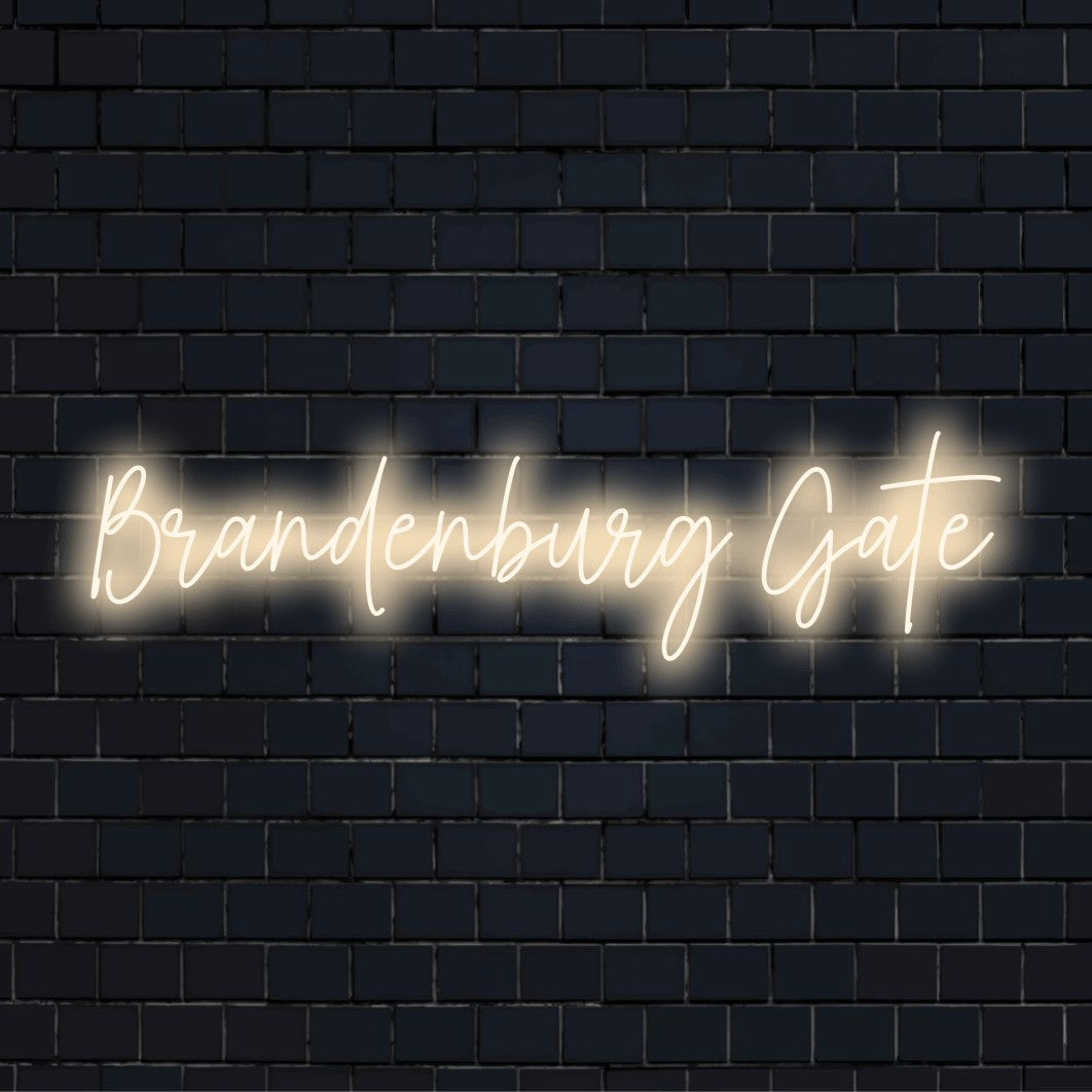 Brandenburg Gate Neon Light with bright neon lettering on dark brick background