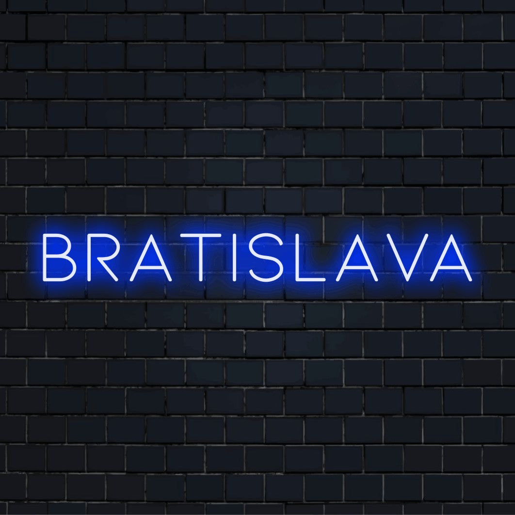 Bratislava LED Neon Sign, neon text light on black brick background