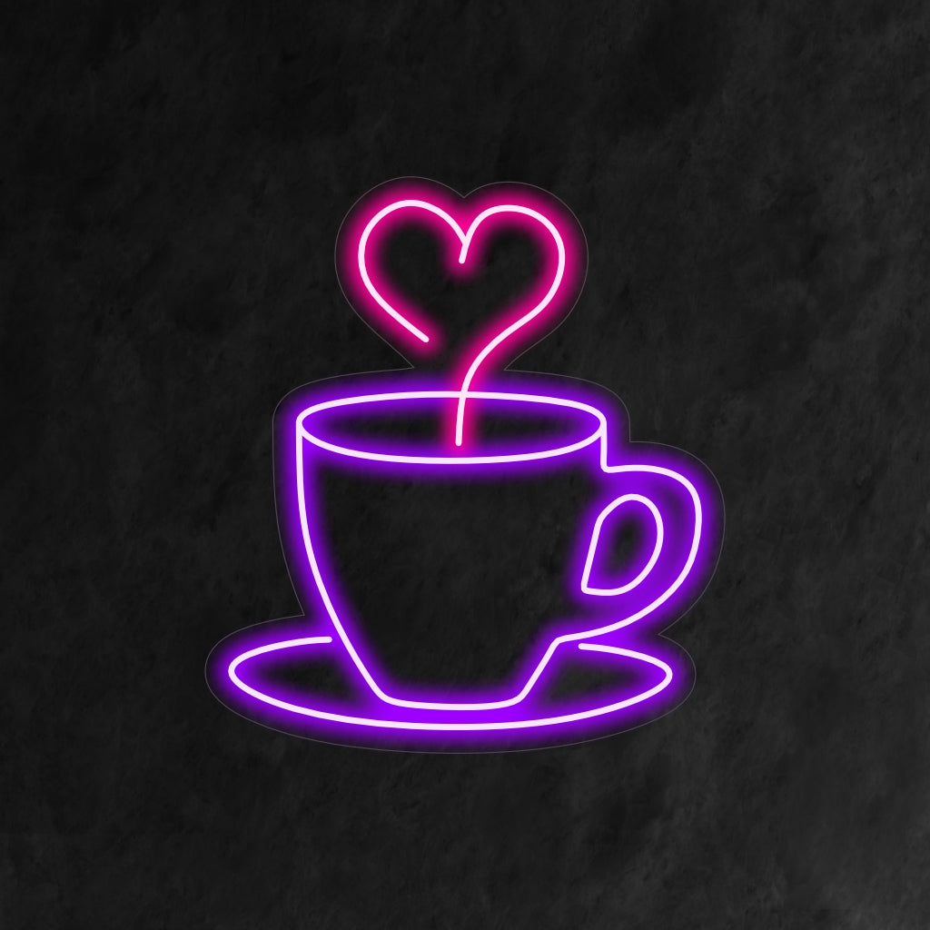 Anpassad LED-neon i hjärtform med kaffekoppsdesign; perfekt neon väggkonst och ljus dekor.