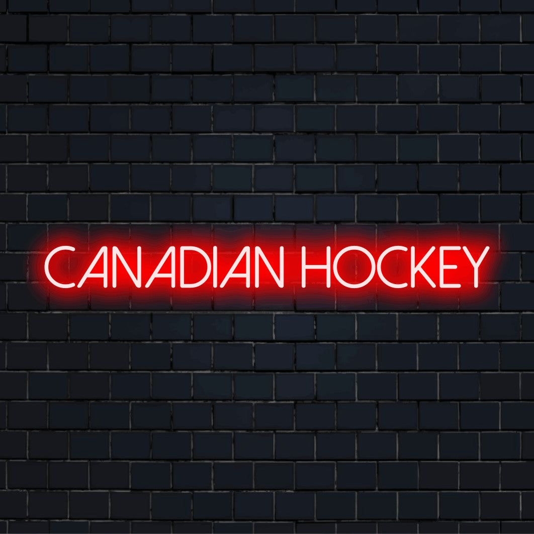 Canadian Hockey Neon Sign, glowing neon text against black brick wall