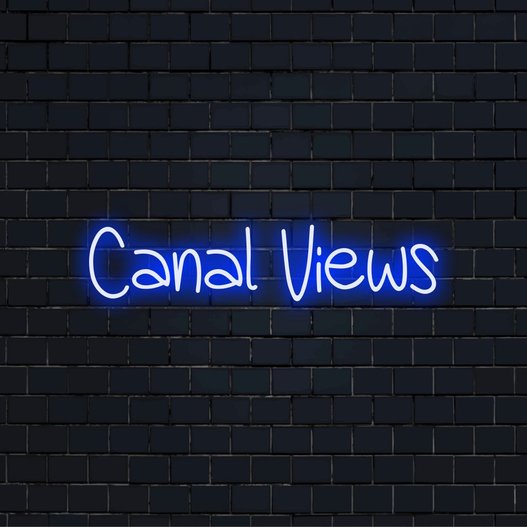 Canal Views LED Neon Sign, bright neon lettering on black brick background