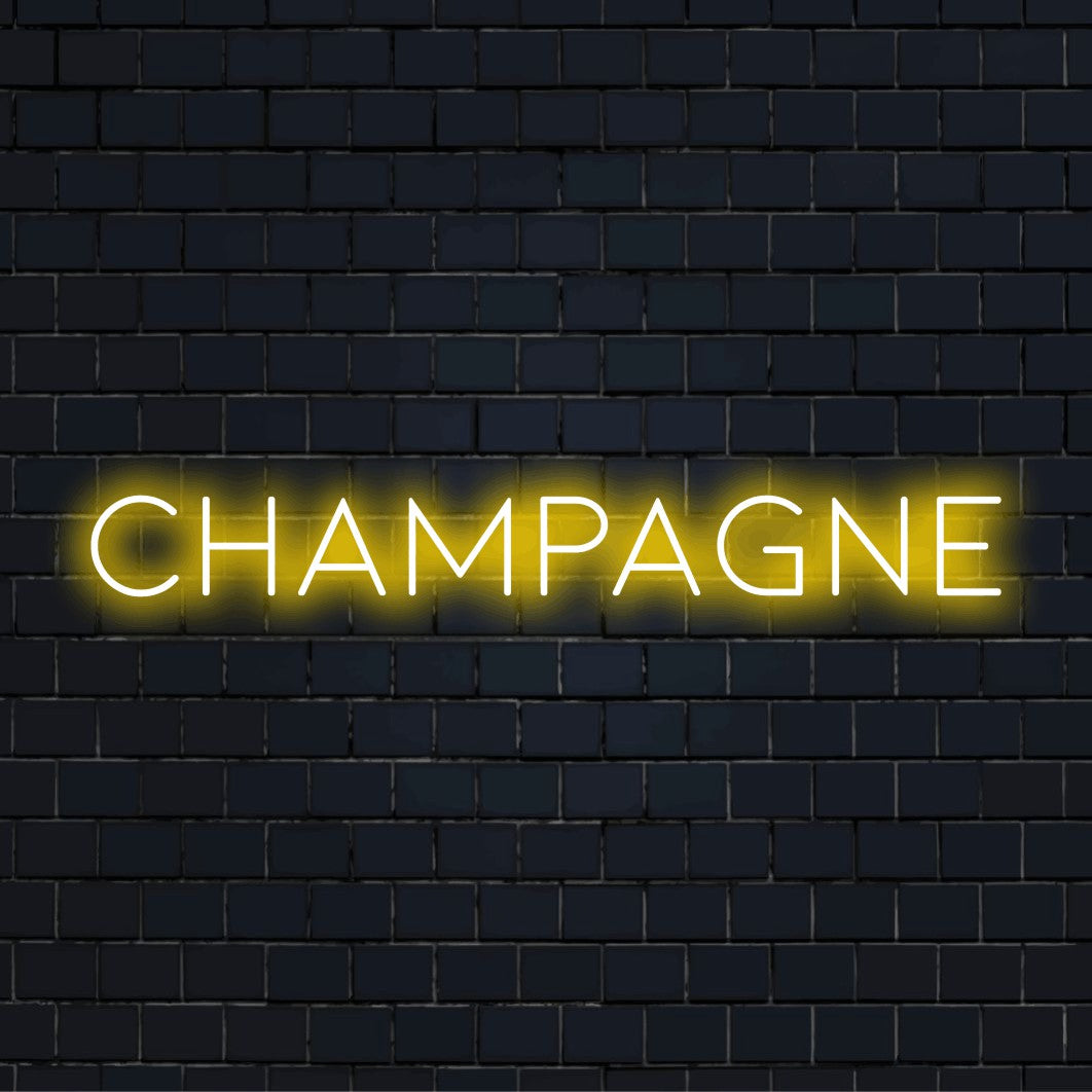 Champagne Neon Sign, glowing wall decor on black brick background