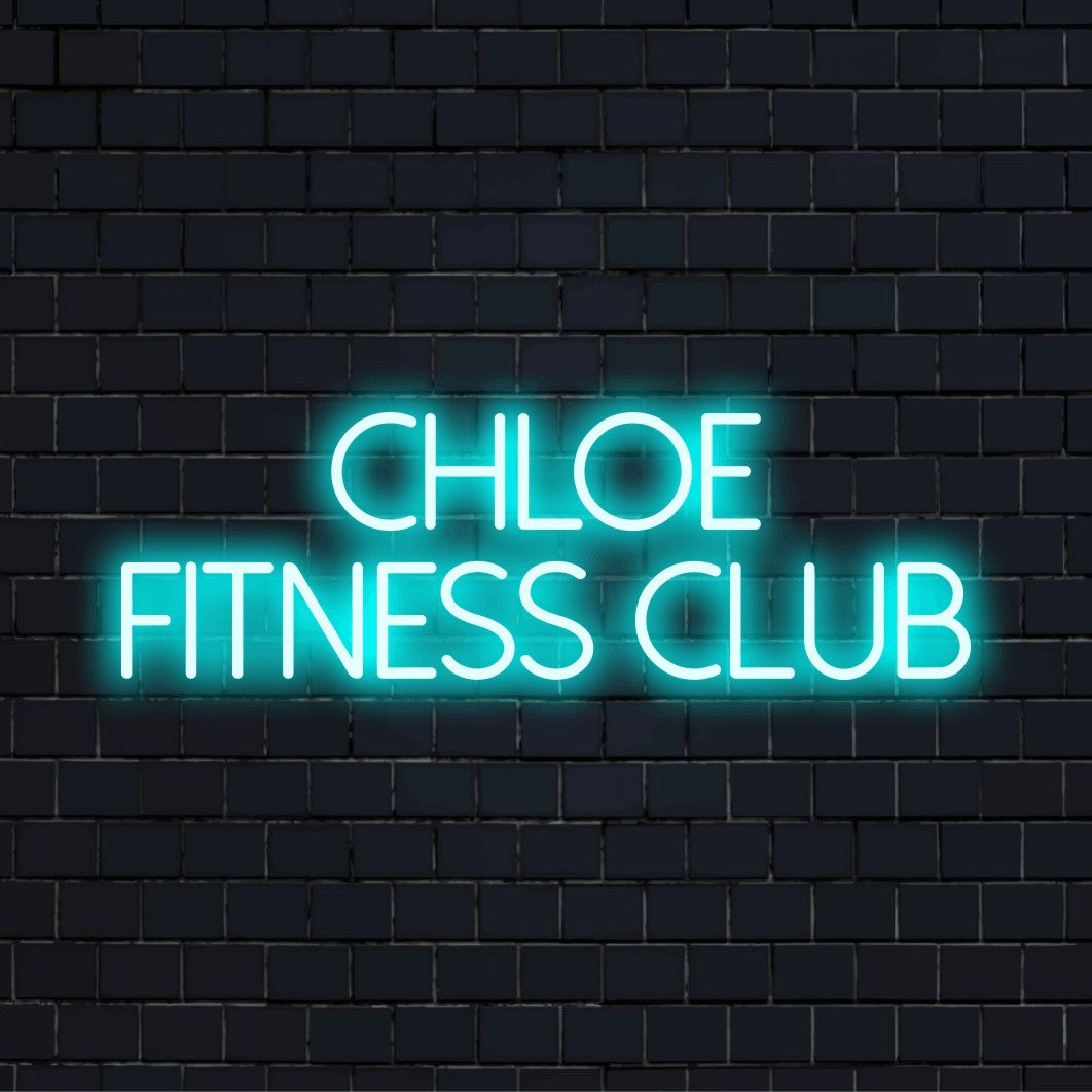 Chloe Fitness Club Custom Name Neon Sign, bright neon lettering on black brick background