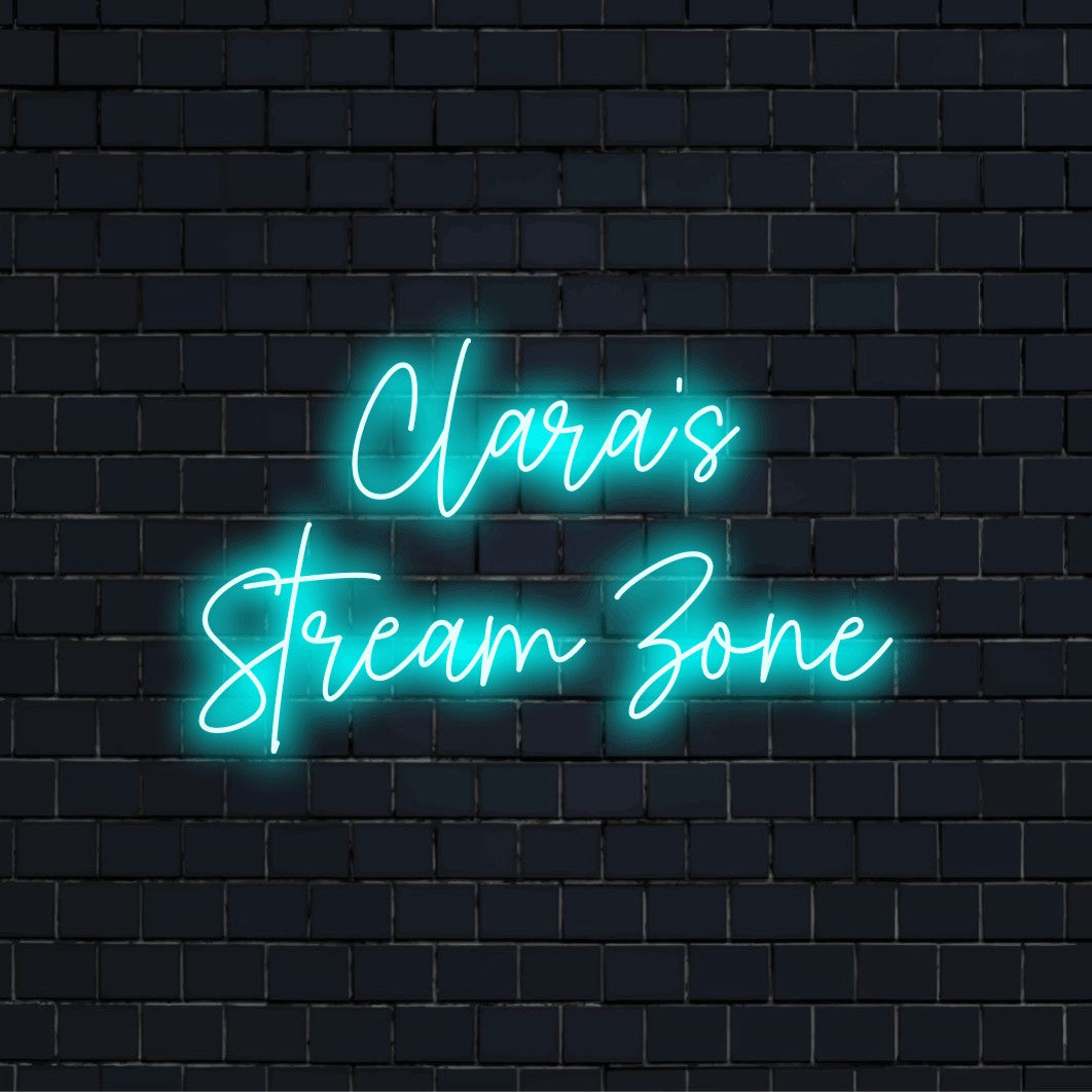 Clara_s Stream Zone Personalized Neon Light with bright LED glow on dark brick background