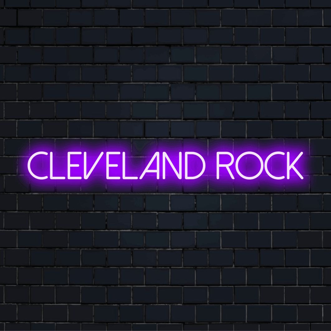 Cleveland Rock LED Neon Sign, glowing neon text on dark brick background