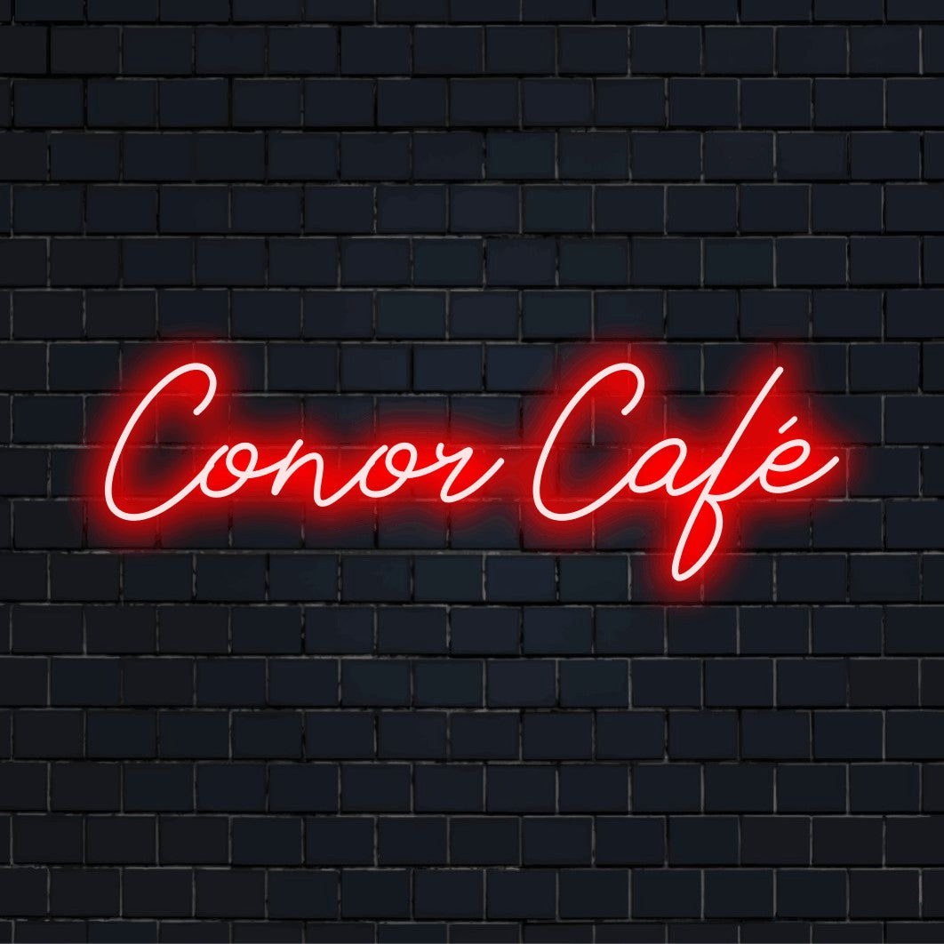Conor Cafe Personalized Neon Light with glowing neon text on dark brick background