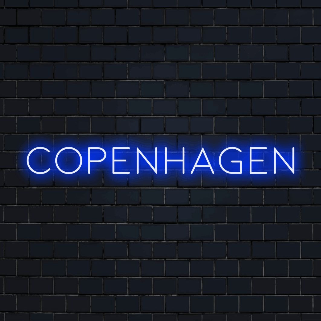 Copenhagen Neon Sign, glowing neon text on black brick background