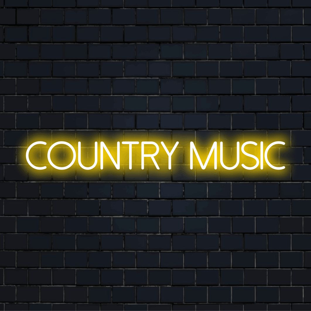 Country Music Neon Sign, bright neon lettering on dark brick wall