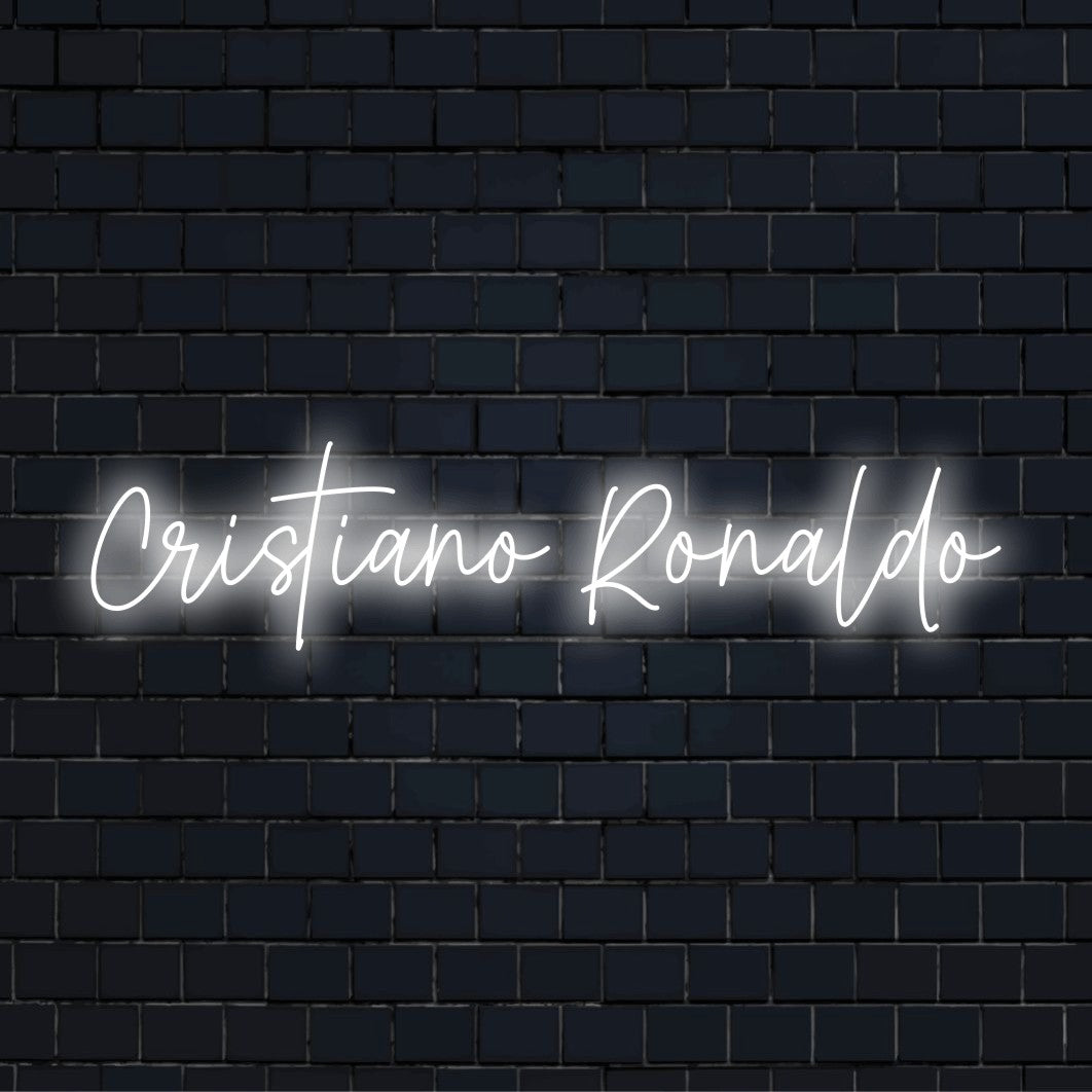 Cristiano Ronaldo Neon Sign, bright LED glow on dark brick wall