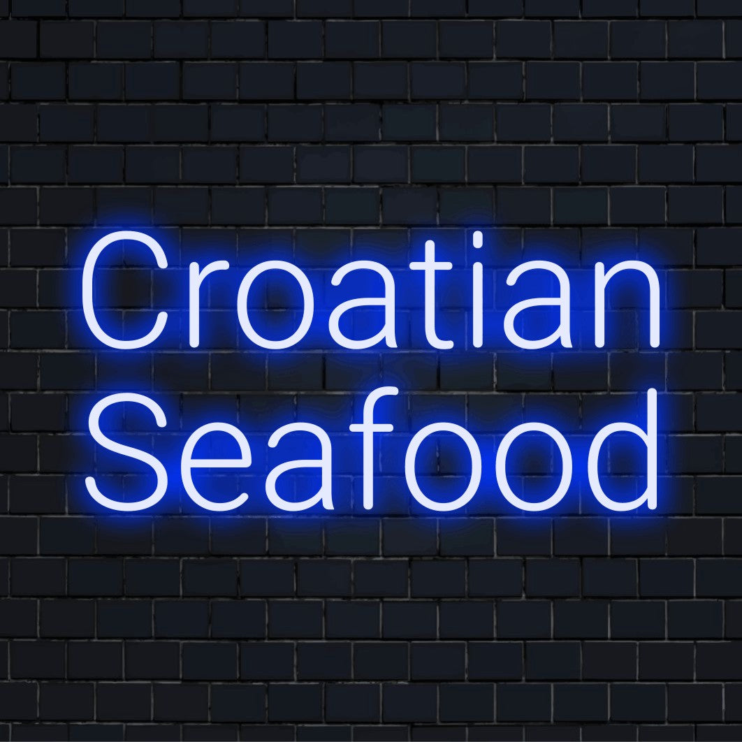 Croatian Seafood LED Neon Sign, glowing lettering on dark brick wall