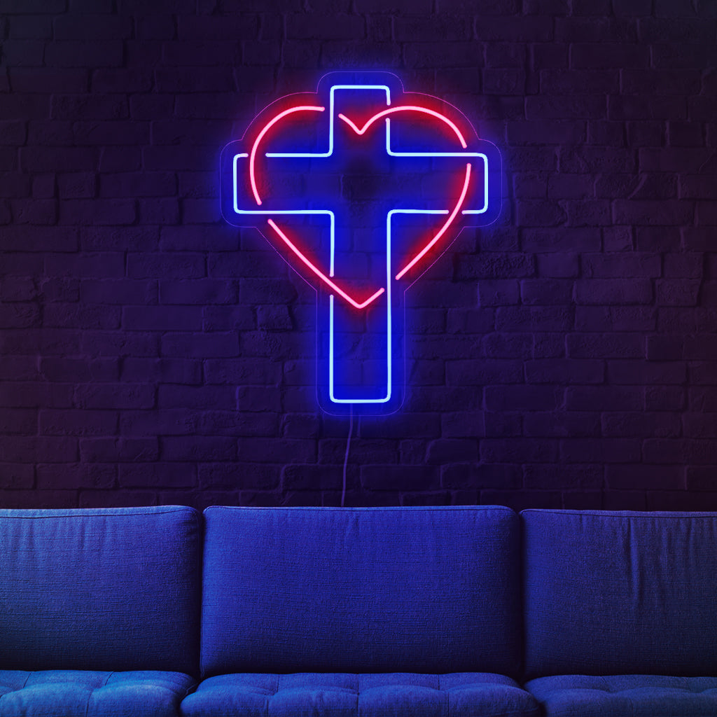 "Cross And Heart Neon Sign" ��� Ett andligt neonljus som visar upp ett symboliskt kors och hjärta, som ger ditt utrymme värme.