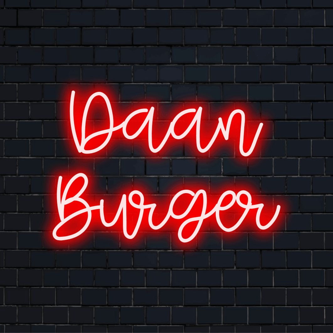 Daan Burger Custom Name Neon Sign, neon text light on dark brick background
