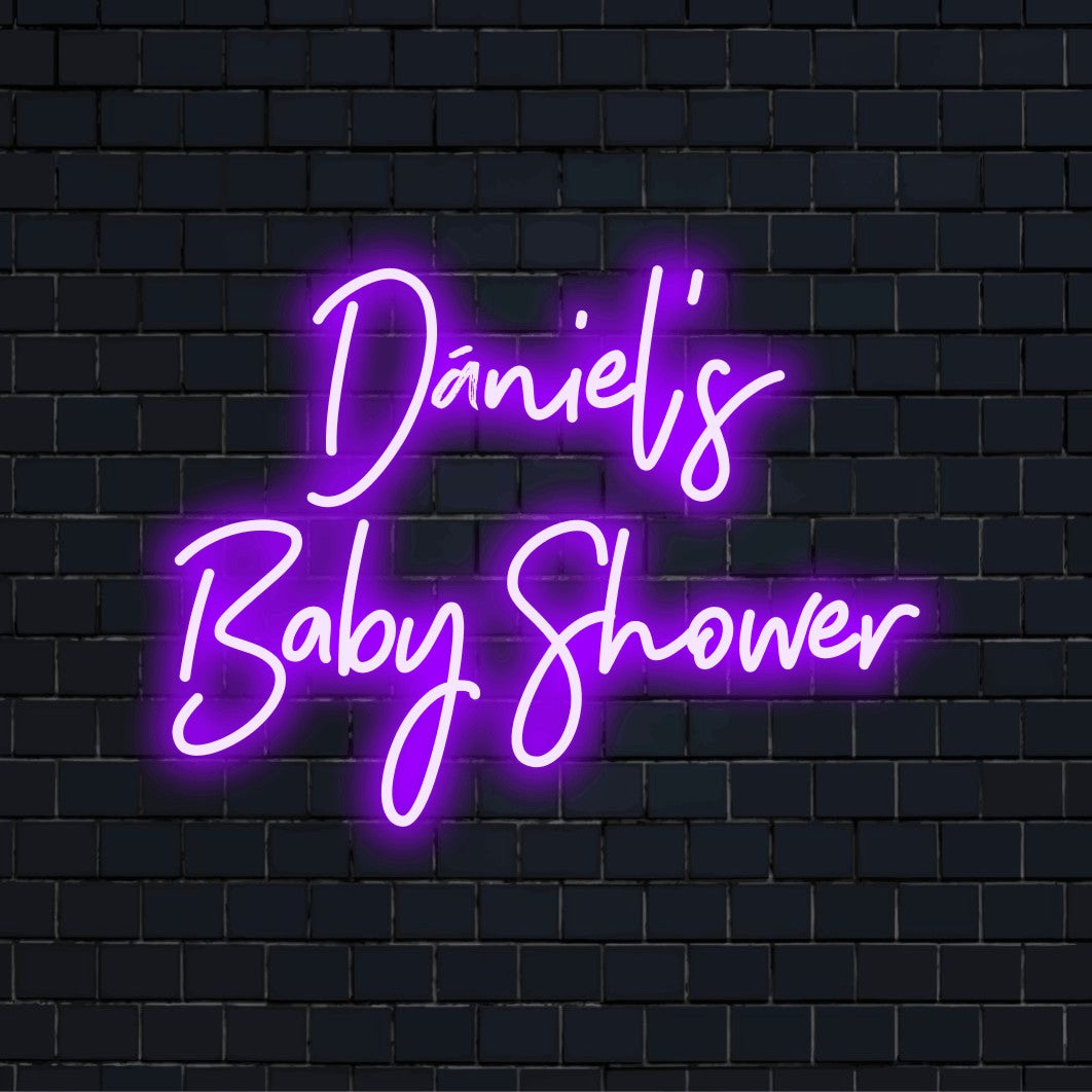 Daniel_s Baby Shower Personalized LED Neon Sign, neon text light on black brick background
