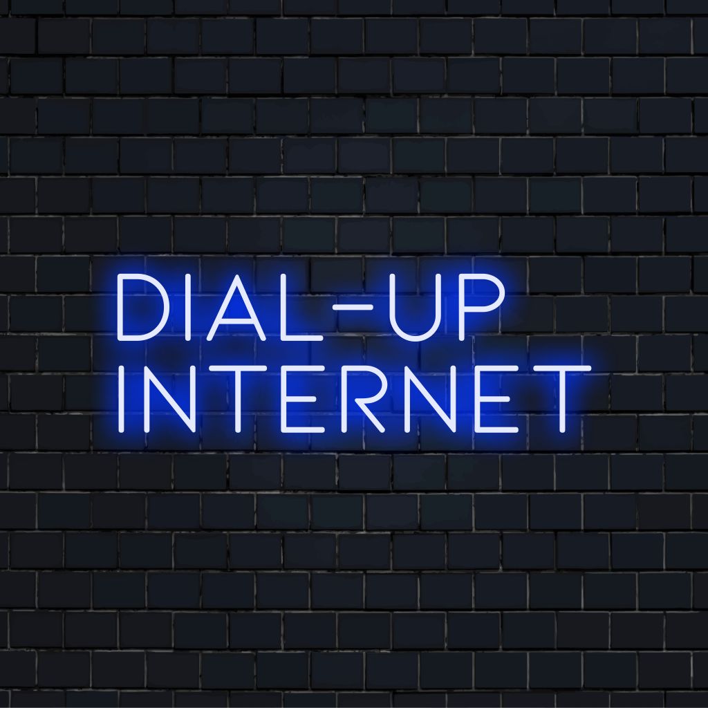 Dial Up Internet Neon Light with glowing lettering on black brick background