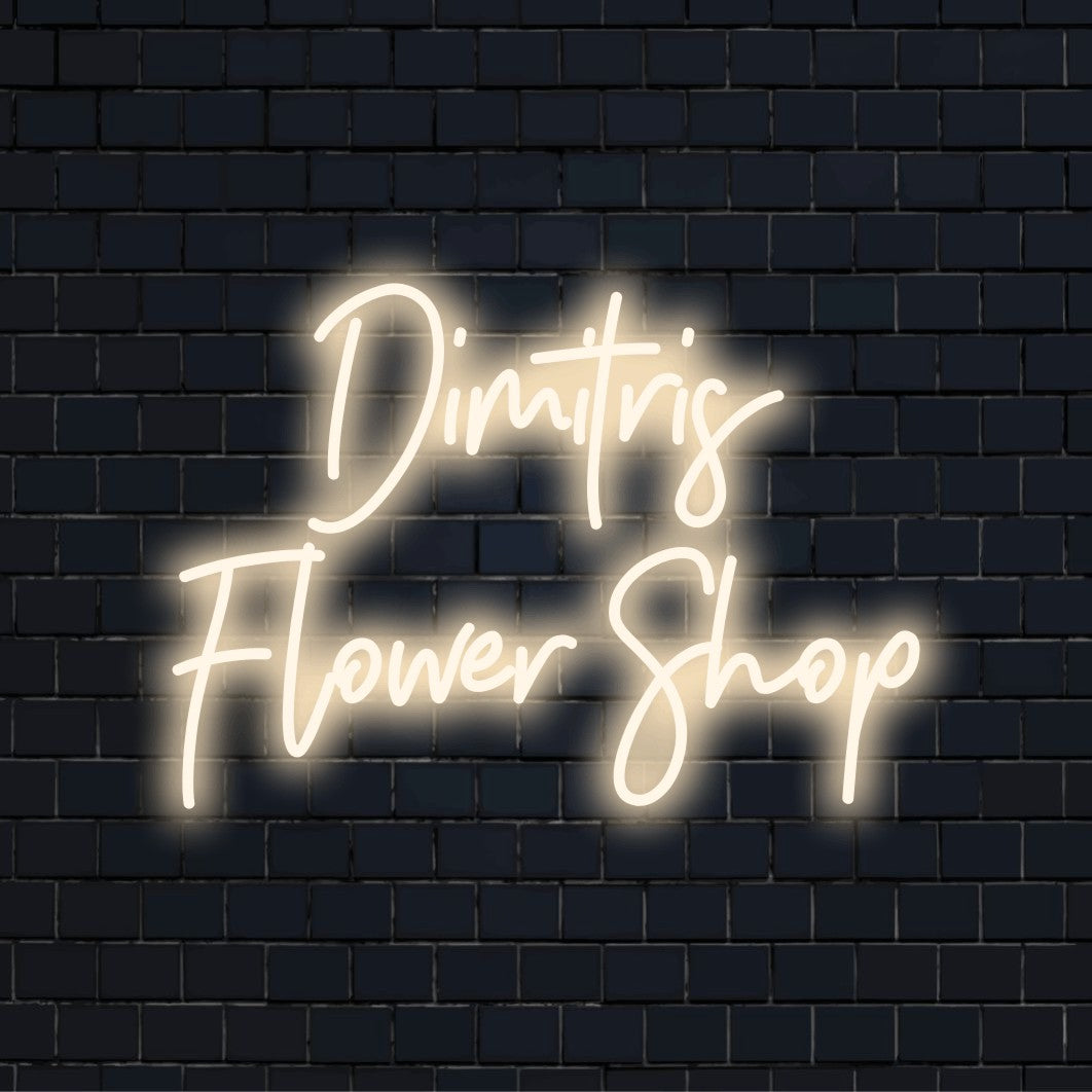Dimitris Flower Shop Custom Name Neon Sign, bright LED glow against brick backdrop
