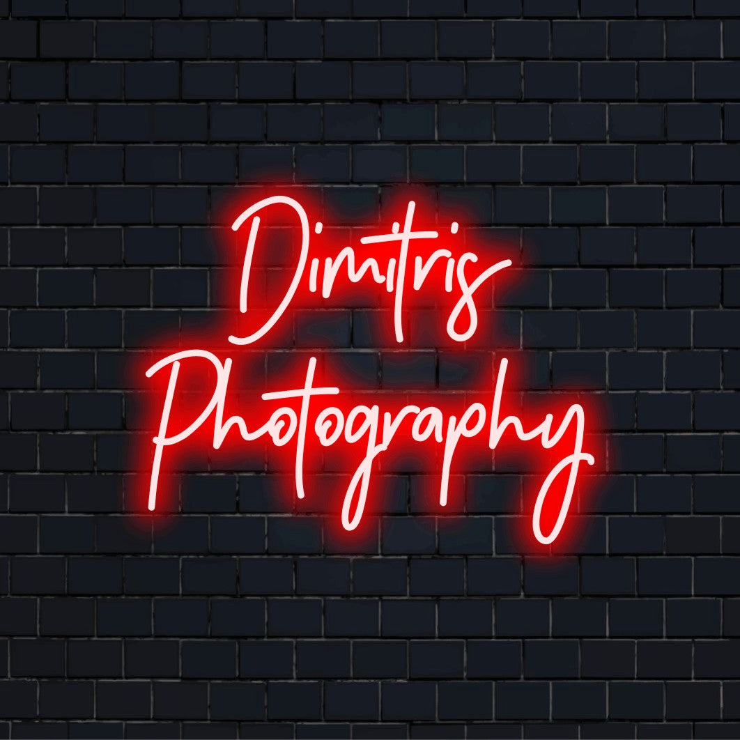Dimitris Photography Personalized LED Neon Sign, glowing wall decor against black brick wall