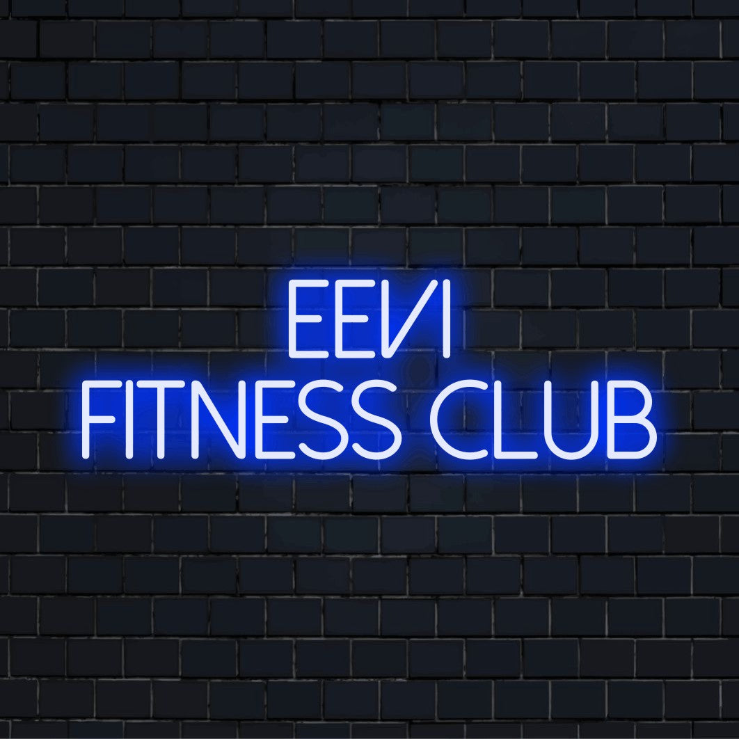 Eevi Fitness Club Custom Name Neon Sign, bright neon glow on dark brick wall