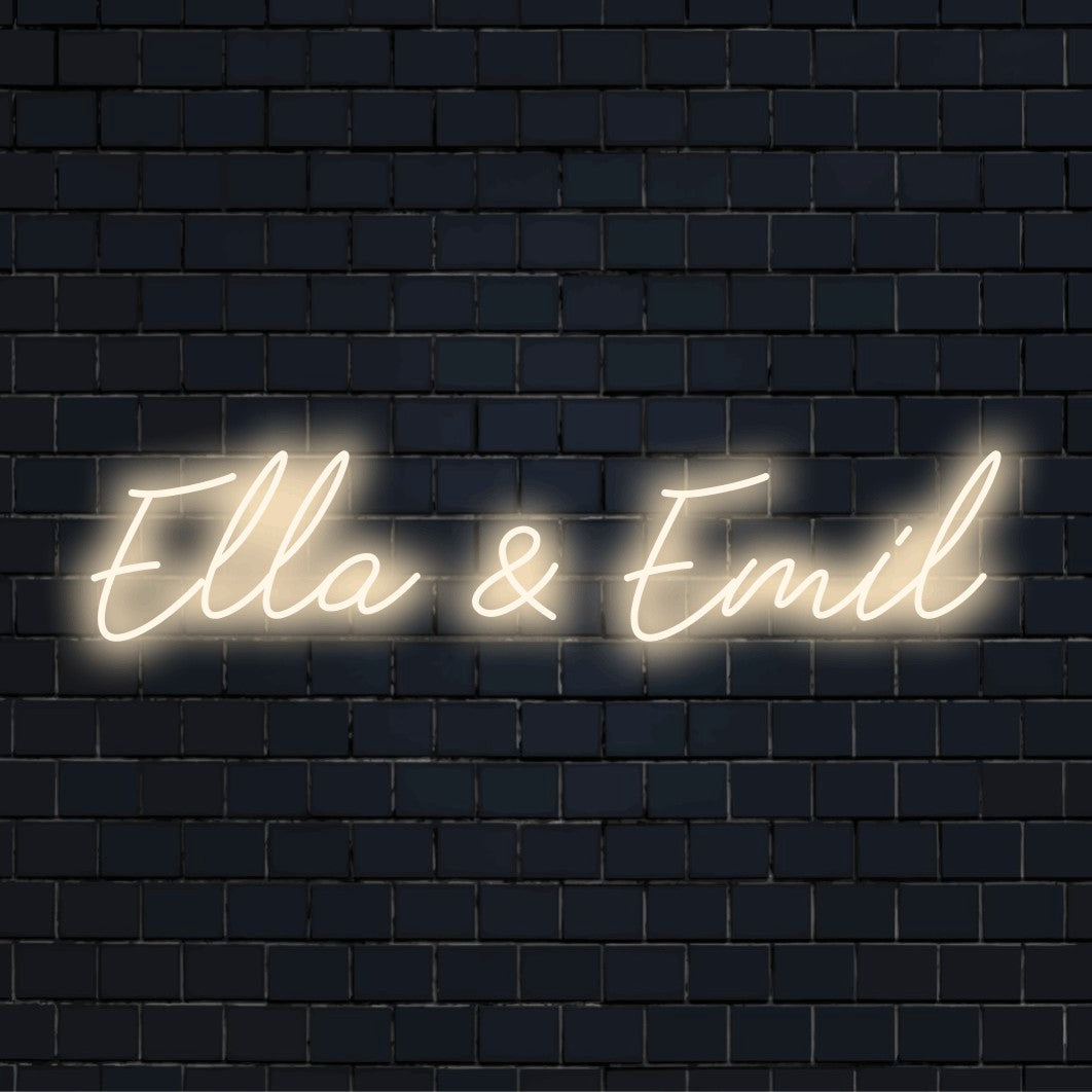 Ella _ Emil Personalized LED Neon Sign, bright neon glow against brick backdrop