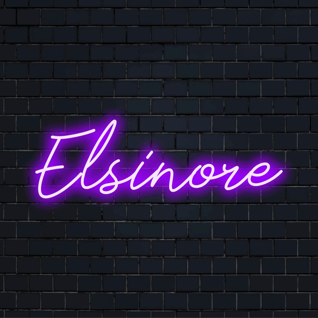 Elsinore LED Neon Sign, bright neon glow on black brick background