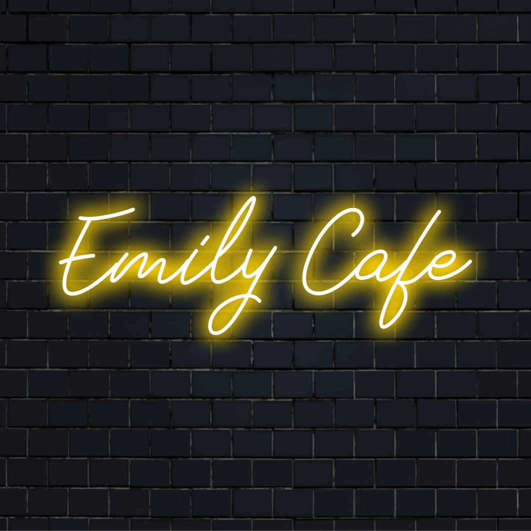 Emily Cafe Personalized LED Neon Sign, glowing lettering on dark brick wall