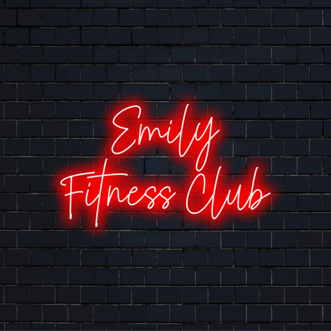 Emily Fitness Club Personalized Neon Light with glowing neon text against brick backdrop