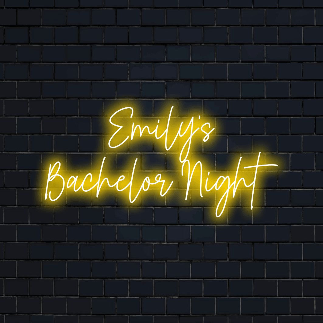 Emily_s Bachelor Night Custom Name Neon Sign, bright neon glow on dark brick background