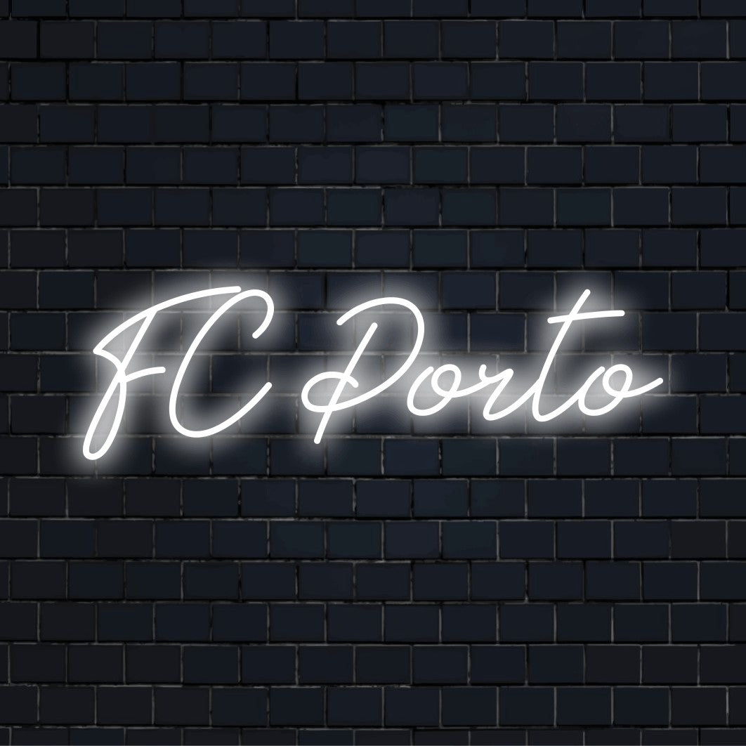 Fc Porto LED Neon Sign, bright neon lettering against black brick wall