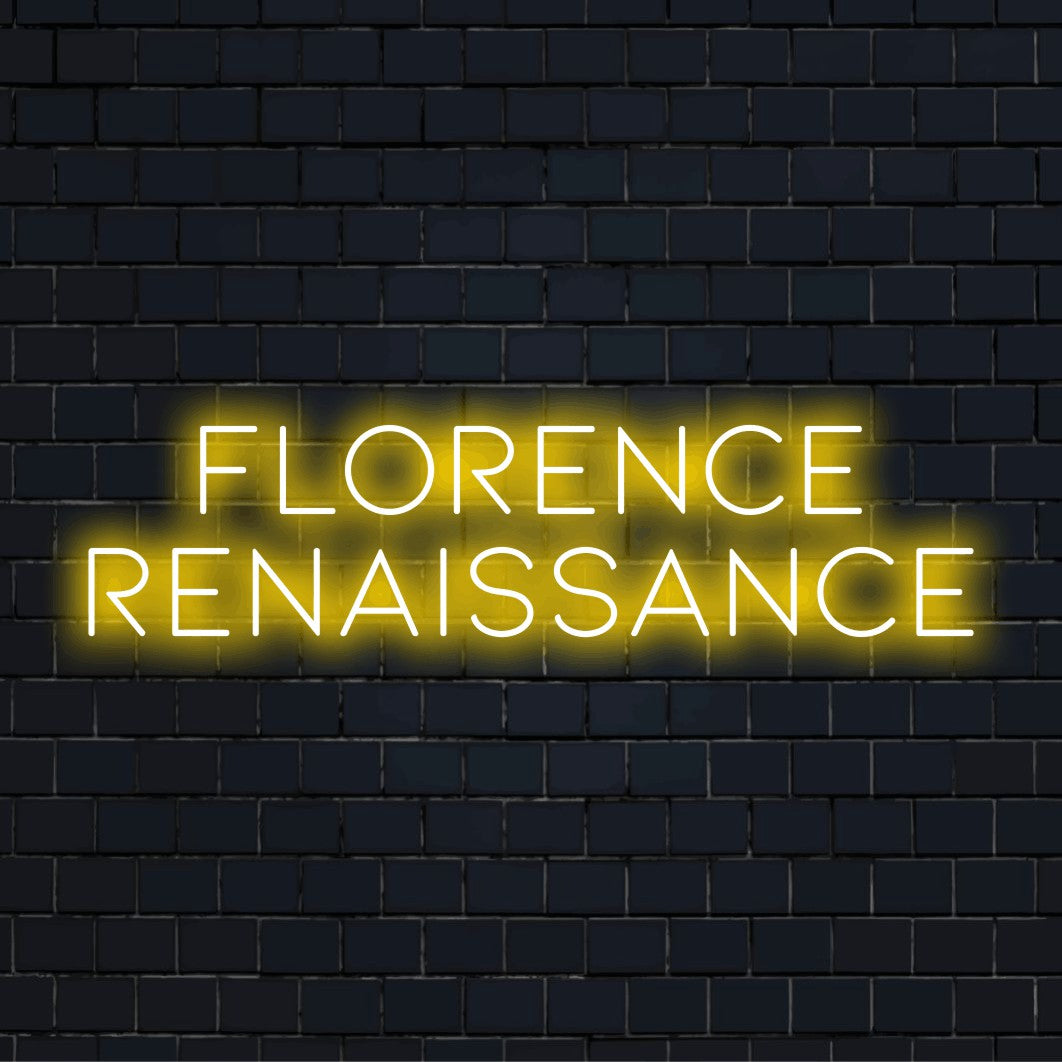 Florence Renaissance Neon Sign, bright neon lettering on dark brick background
