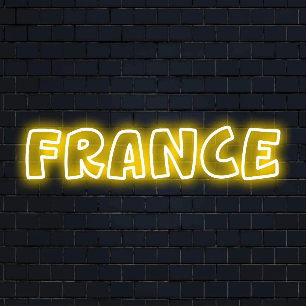 France Neon Sign, bright LED glow on dark brick wall