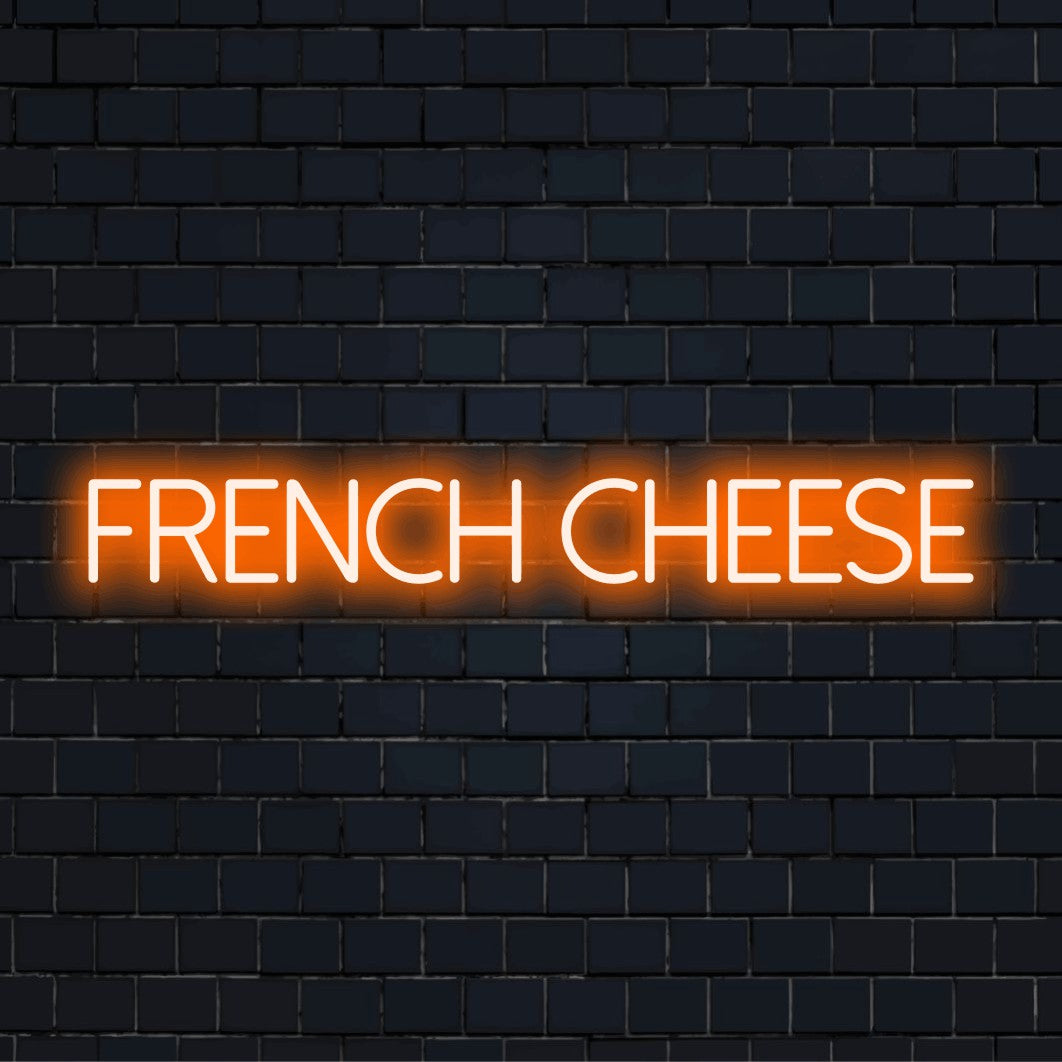 French Cheese LED Neon Sign, soft neon glow on dark brick background