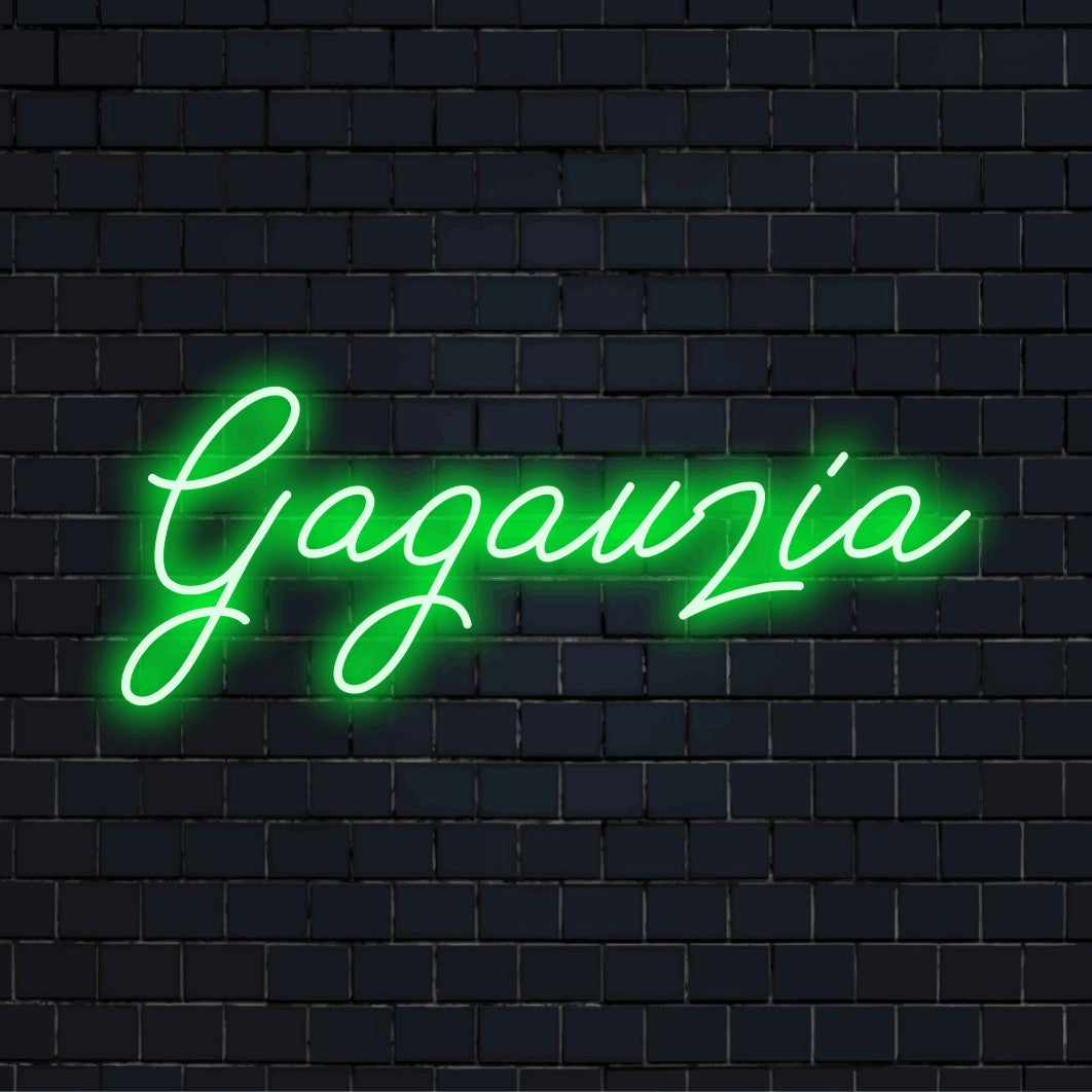 Gagauzia LED Neon Sign, bright LED glow on black brick background