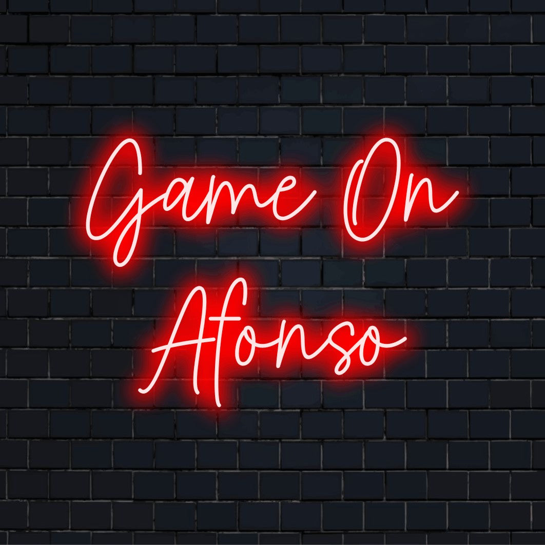 Game On Afonso Personalized Neon Light with bright neon glow on dark brick wall