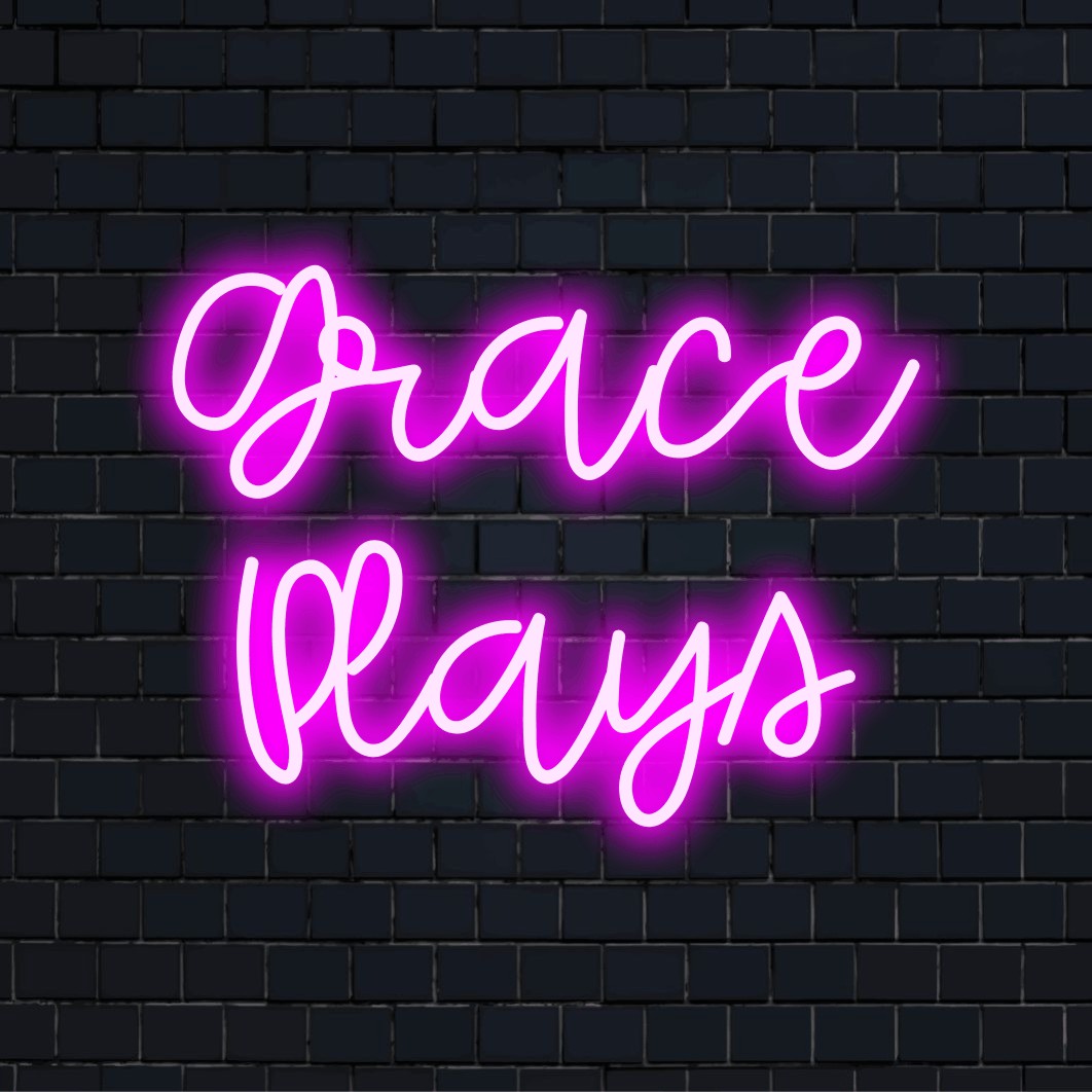 Grace Plays Personalized LED Neon Sign, glowing wall decor on dark brick wall