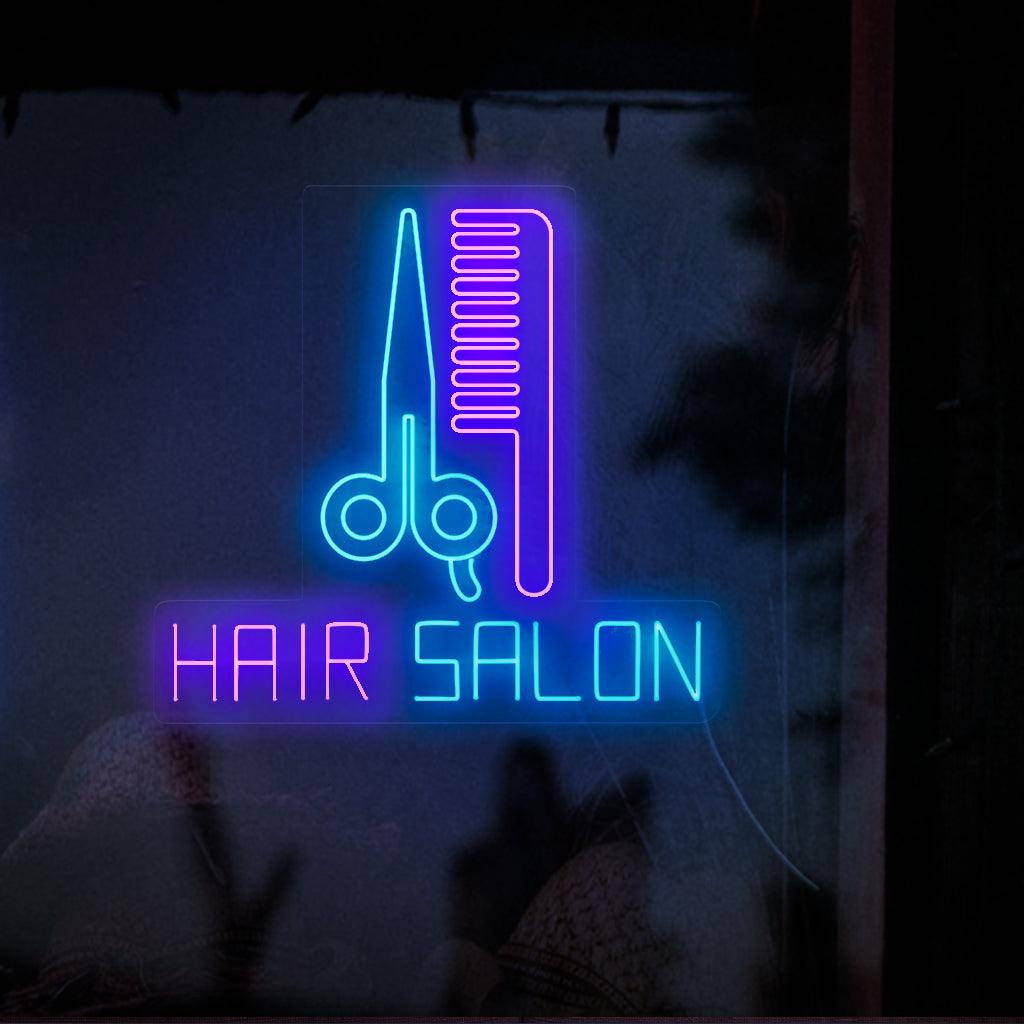 En elegant och stilren neonskylt med en sax och en kam, med orden "Hair Salon" upplyst i livfulla neonljus.